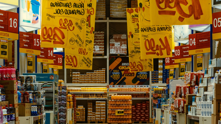 Supermarket aisle with promotions