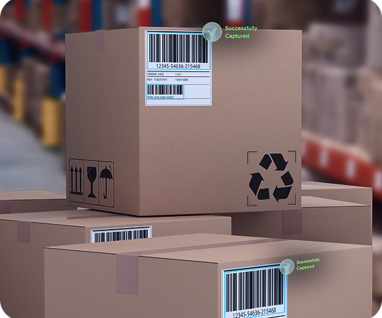 Stacked packages with barcodes marked as successfully captured