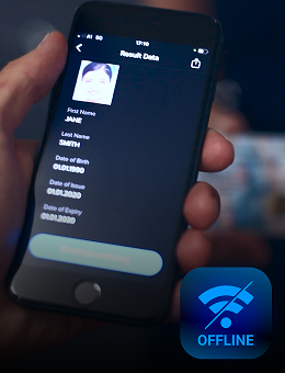 A smartphone showing a driving license scanner interface that works also offline