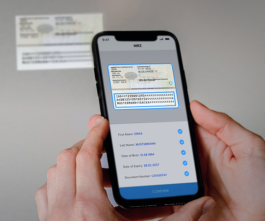 A smartphone displaying the Anyline MRZ scanner scanning an ID