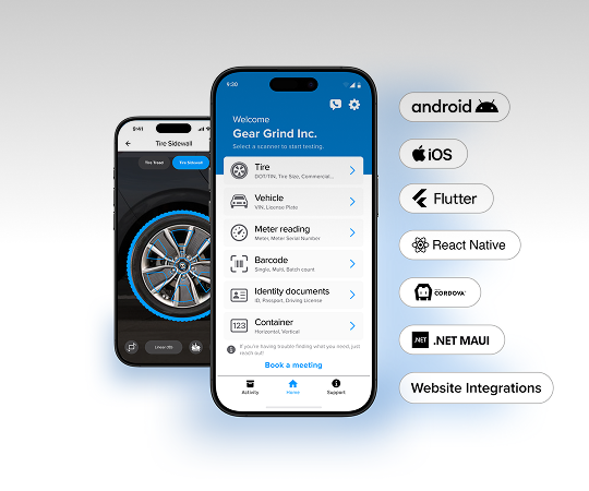 A smartphone showing a tire scanner interface and platform integrations of the scanner