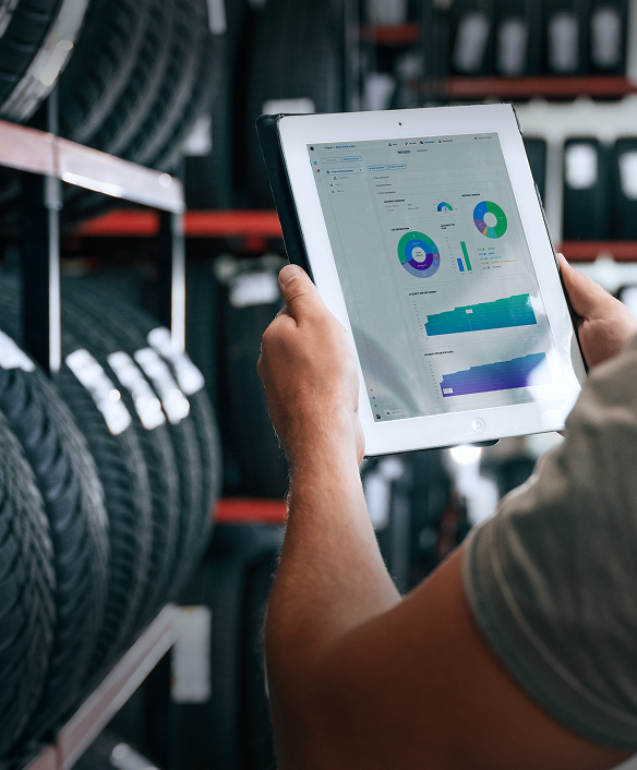 A tablet with dashboard showing vehicle and tire data collected with Anyline tire inspection scanner