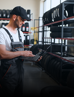A technician in a tire storage using a laptop