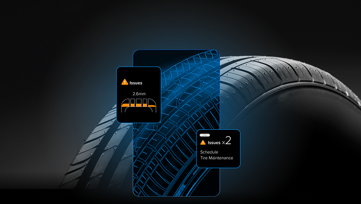 A tire with highlighted results and alerts provided by Anyline tire tread scanner
