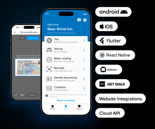 2 smartphones showing the Anyline driver data scanner integrations